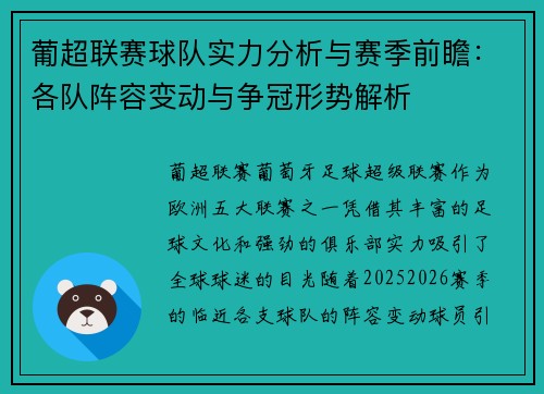 葡超联赛球队实力分析与赛季前瞻：各队阵容变动与争冠形势解析