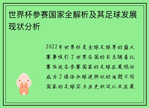 世界杯参赛国家全解析及其足球发展现状分析